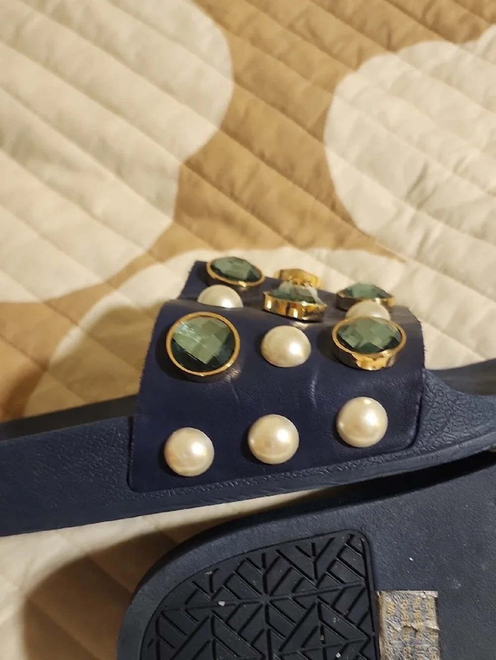 Tory Burch Navy Slide Sandals with Green Gems & Pearl Accents